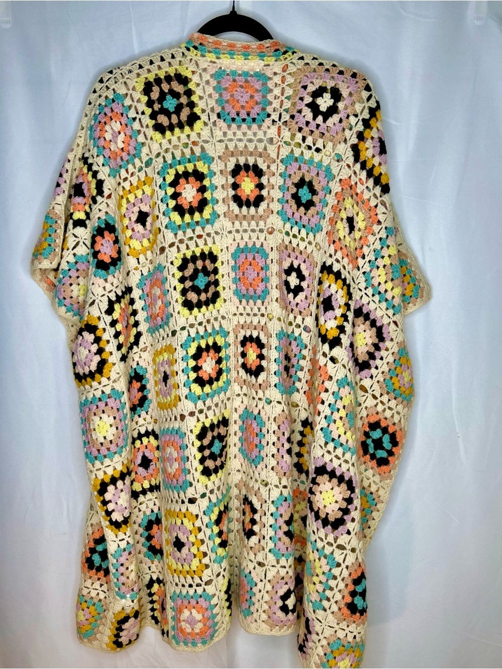Bohemian Festival Gypsy Crochet Granny Square Poncho Cardigan in Cream/Multi - Picture 4 of 5